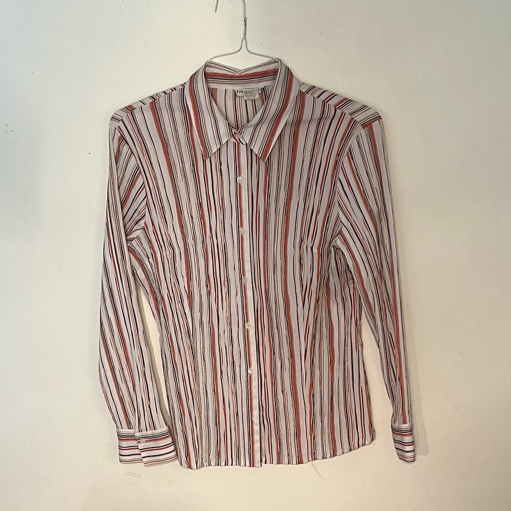 Fred David brand size XL White, orange and brown vertical striped women’s top.